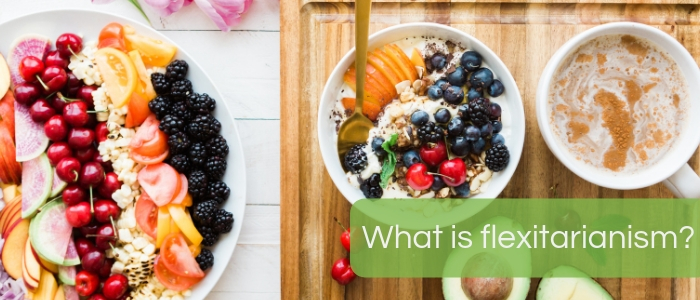 A plate of fruits sits next to a bowel of fruit-topped porridge and a mug