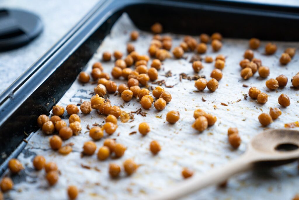 Baked chickpeas on a tray