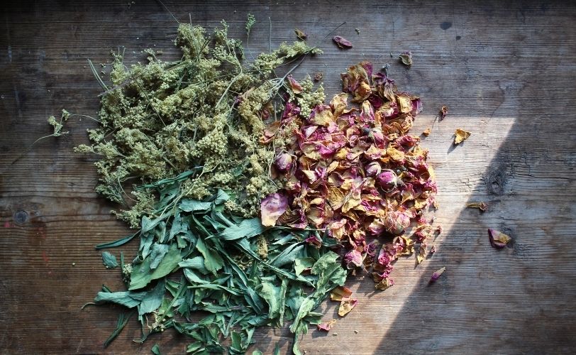 Selection of dried herbs on floor