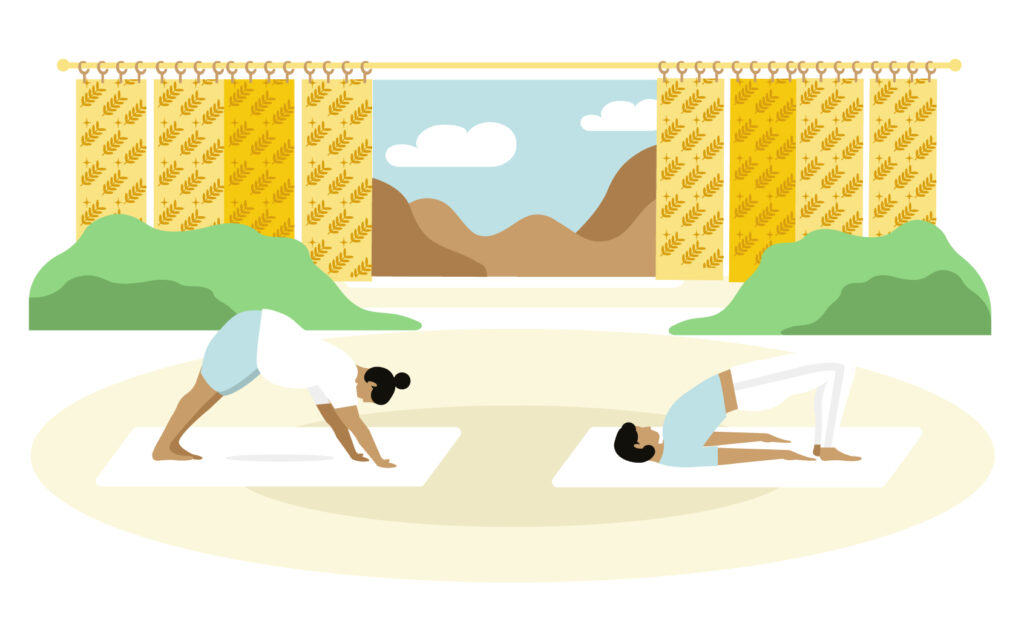 Illustration for of downward facing dog and bridge yoga poses