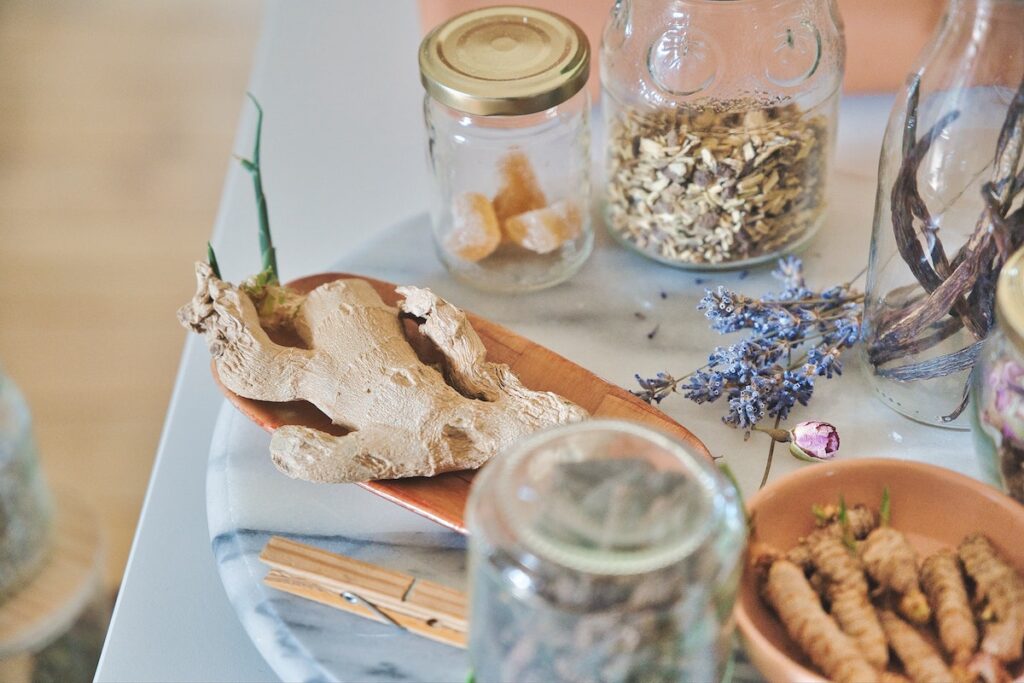 Table filled with herbs and spices