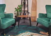 Two armchairs in a counselling room with plants, tables and a clock.