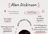 An image of me with small bullet points about me and my work