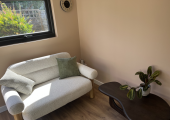 Inside my garden therapy room. A safe, calm space to reflect. Sam Devlin Psychotherapy.