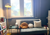 Cosy sofa with cushions in therapy room with soft lighting and big windows overlooking trees