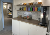 Kitchen available for client use with a selection of tea and coffee.