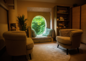 A calming space overlooking a private lake