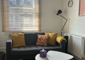 My welcoming and confidential therapy room in Hove, where I see face-to-face clients.