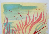 A painted image in yellow, green and red