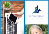 KN Psychotherapy and Wellbeing logo and photo of therapist Karen Nolan