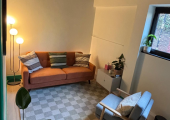 bright therapy room with couch, chair and plants