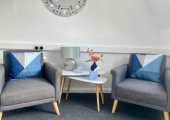 Two therapy chairs in the consultation room at Nilima Choudhury Therapy, Clapham North, London