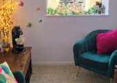 An image depicting Kathryn Hurl, her counselling and therapy room at Dean Clough and her bacp member