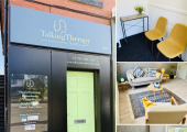 This is a picture collage of our clinic's exterior, waiting area, and therapy rooms.