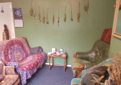 My therapy room aims to create a warm, comfortable space for our sessions together.