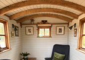 Shepherd's hut counselling room in a peaceful rural setting in Leigh, Worcestershire.