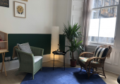 Seating area with two comfy chairs, a plant, rug and lamp