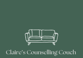 business logo, white couch on a dark green background