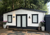 white log cabin
