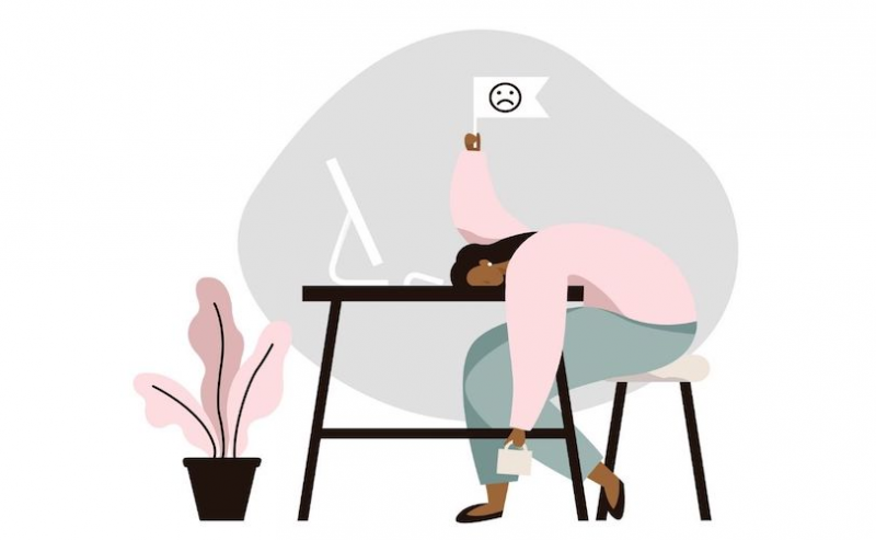 Illustration of woman overwhelmed at desk