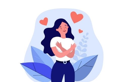 illustrated woman hugging self