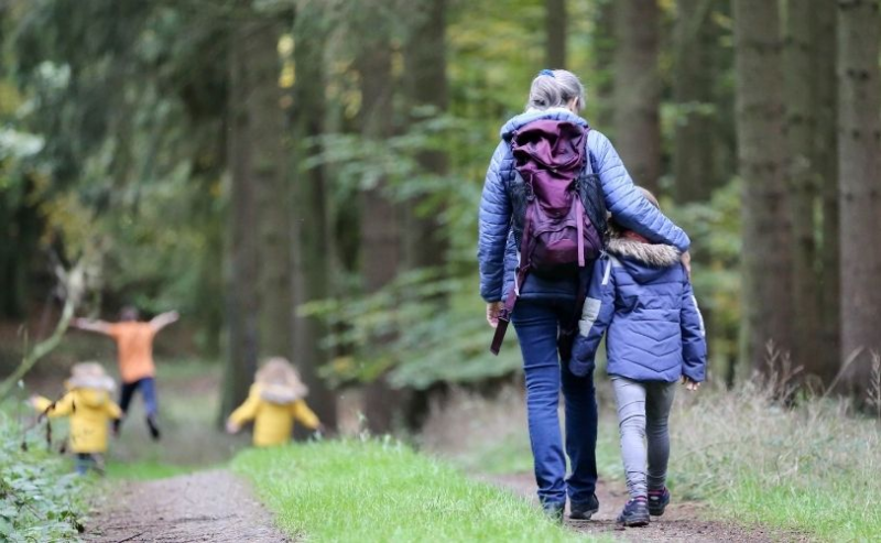 Woman walking in woods with children